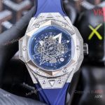 Faux Hublot Sang Bleu II Chronograph Watches Stainless Steel Half Diamond-set